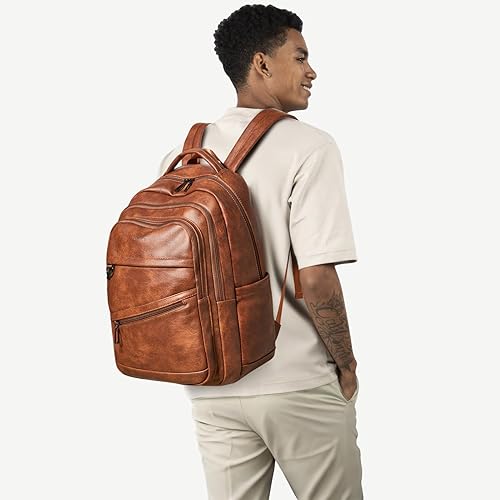 Miniatura 8 de Mochila de 43L para mujeres y hombres  Mochila de cuero vegano, bolso de mano de viaje, bolsa de trabajo para laptop de 17 pulgadas, color marrón
