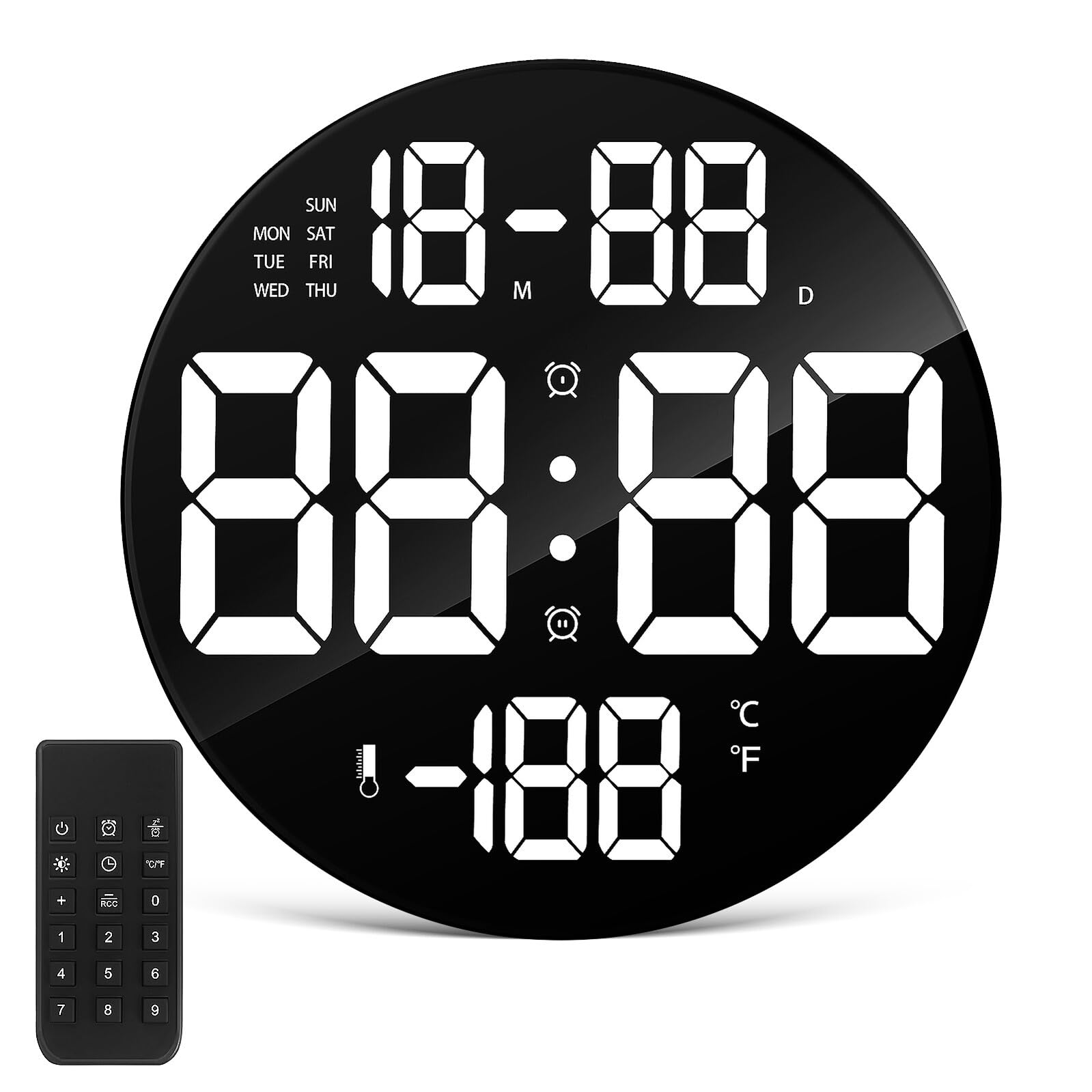 NUOBESTY Reloj Digital de Pared y Sobremesa LED con Mando Distancia Alarma Calendario Temperatura Brillo Ajustable y Soporte Desmontable para Dormitorio y Oficina