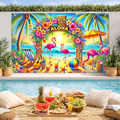 Image of BlissYard Hawaiian Party Decorations Banner 71 x 43 Inch Aloha Backdrop with Flamingo Tiki Totem Palm Tree, Luau Party Decorations Beach Photo Booth Background for Summer Aloha Decor