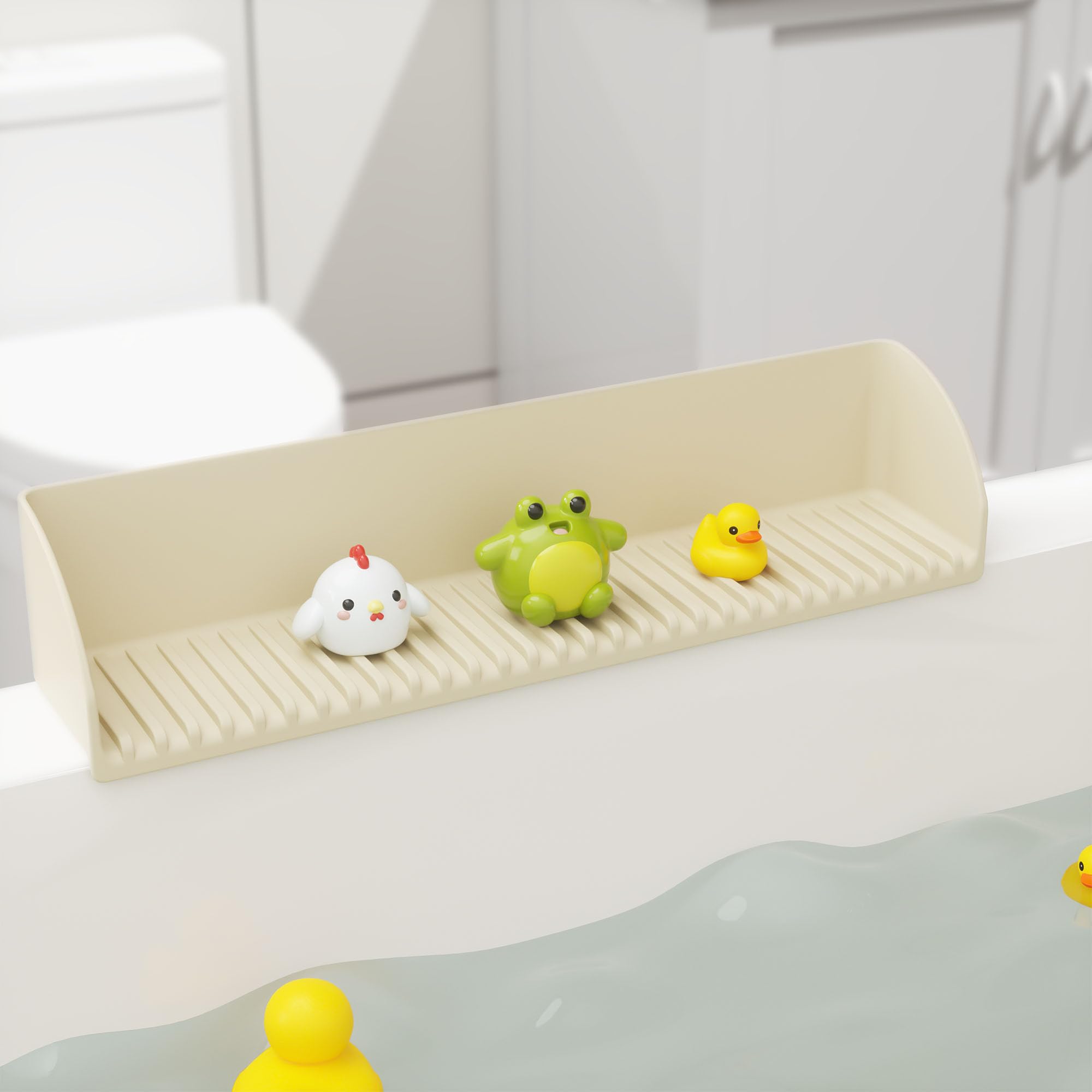 Roslim Splash Guard for Bathtub & Sink - Silicone Kids Bath Splash Guard Shelf, Bath Toy Tray Holder, Tub Water Splash Guard with 4 Suction Cups, Bathroom Accessories for Baby Bath, 1Pack, Beige