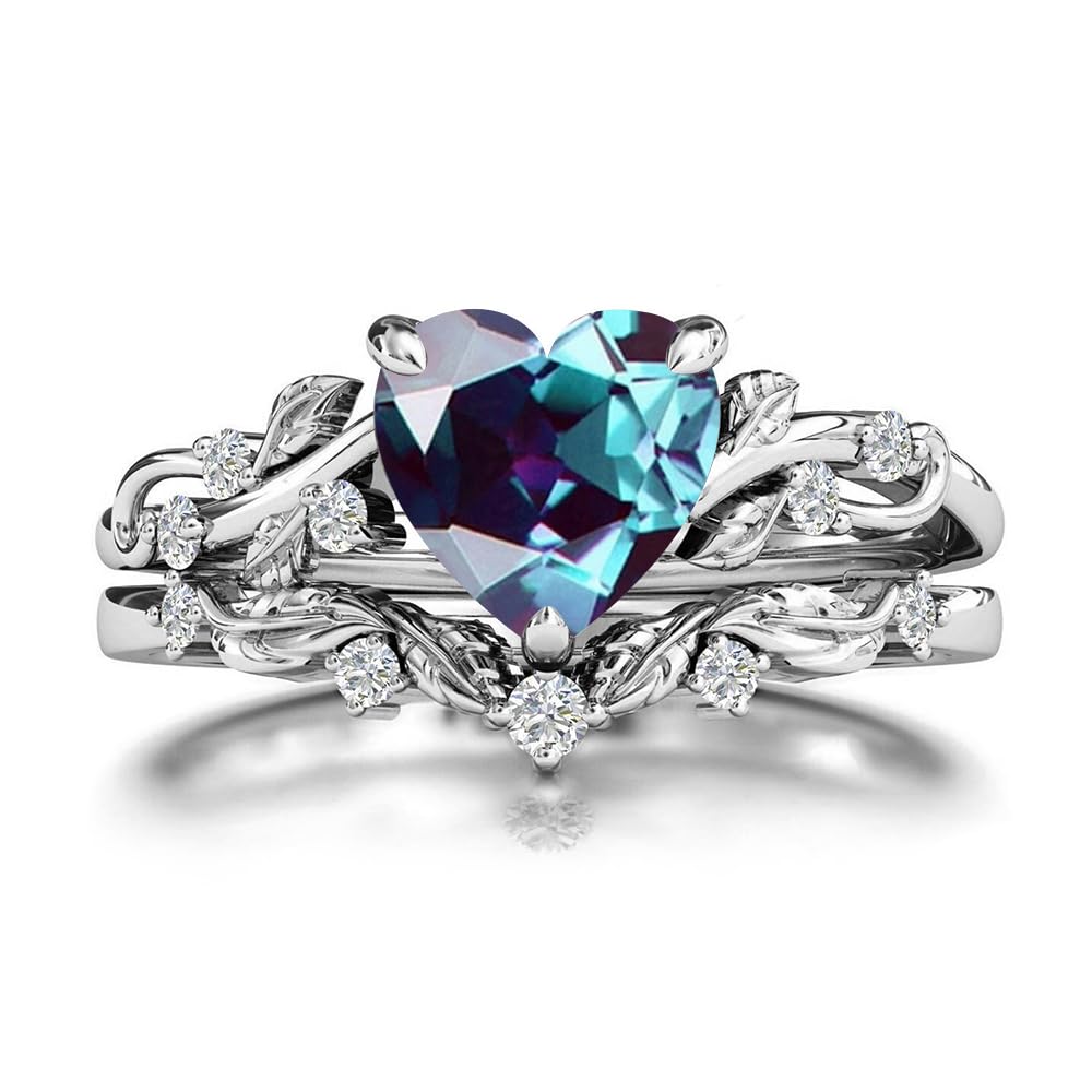 10K Solid Gold Heart Gemstone Ring Set
