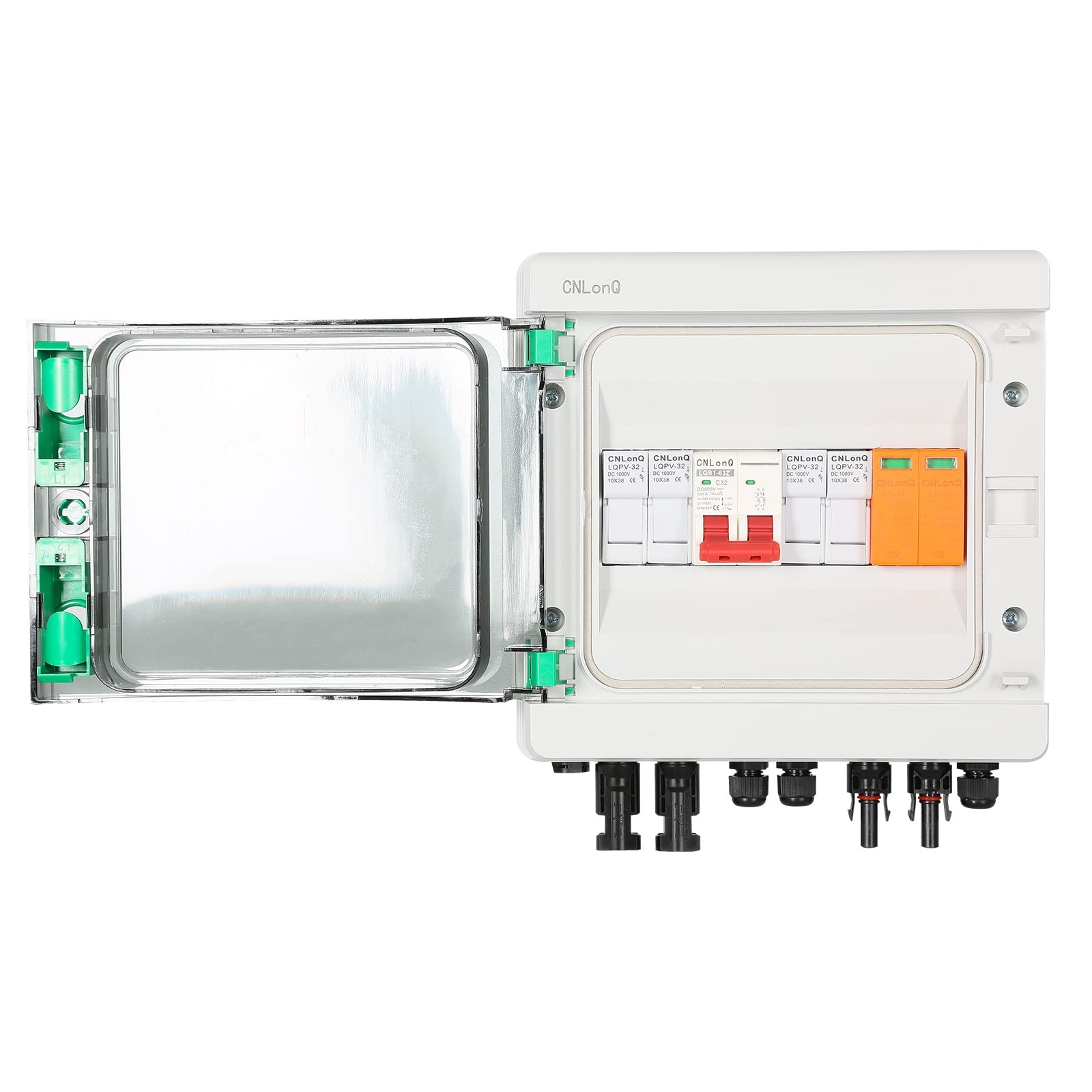 Scatola Combinatrice Fotovoltaica, Scatola combinatrice solare con interruttore automatico 500V 32A Parafulmine e connettore solare, per sistema di pannelli solari On/Off Grid, 2 in 1 out 2
