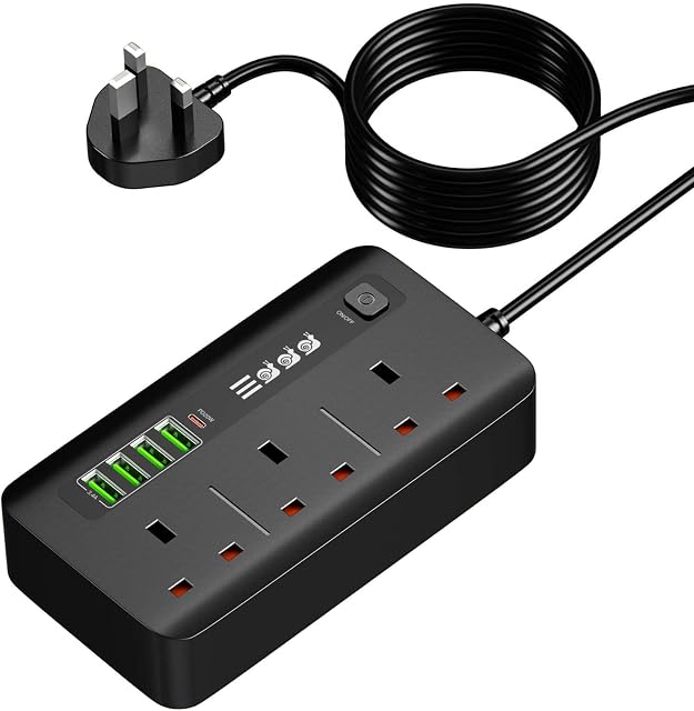 Extension Lead with USB Slots, 3 Way Outlets Power Strip with PD 20W USB C and 4 USB Ports,Multi Plug Extension Socket with 2M Extension Cord for Home, Office