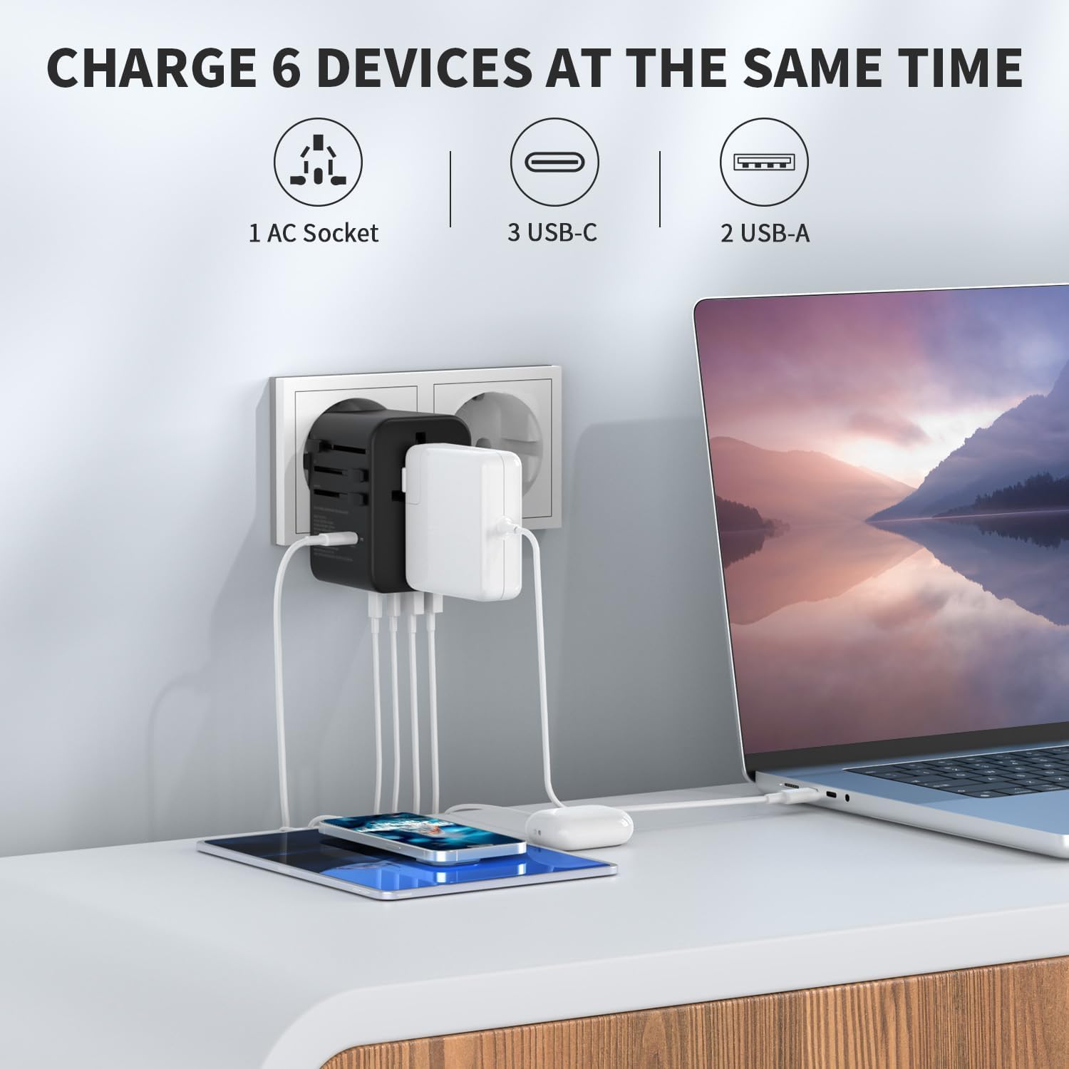 EPICKA GAN Adaptador Enchufe Universal, PD 70W Adaptadores de Viaje con 3 USB-C y 2 USB-A, Adaptador Universal Enchufe Viaje para UK USA Japón, Tailandia, Australia, Irlanda TA-105P, Negro