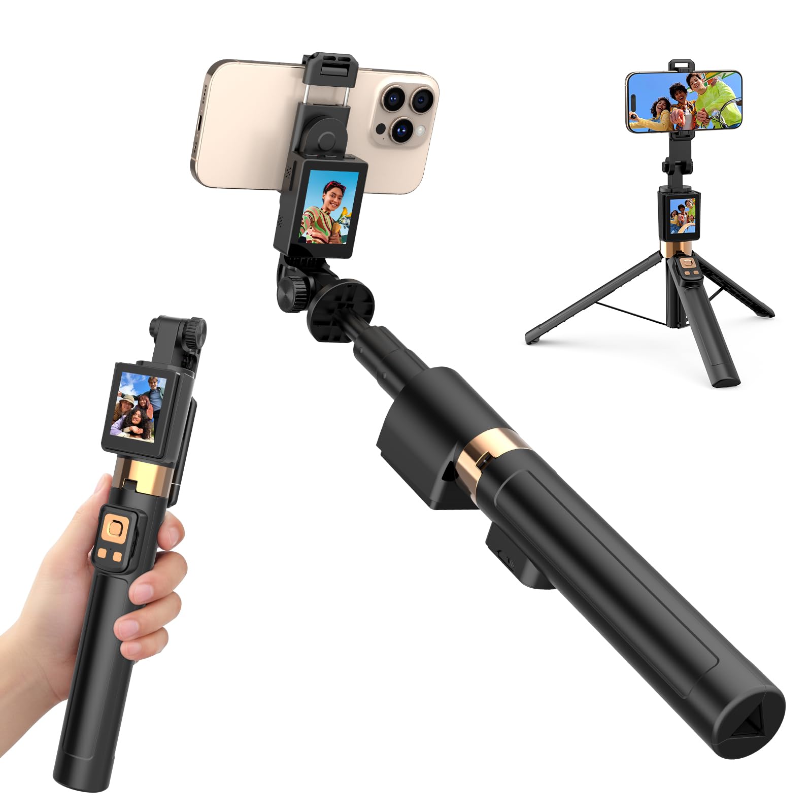 Moman 69 Selfie Stick Tripod with Selfie Monitor CL07 Extendable Back Camera Phone Tripod with Wireless Remote for