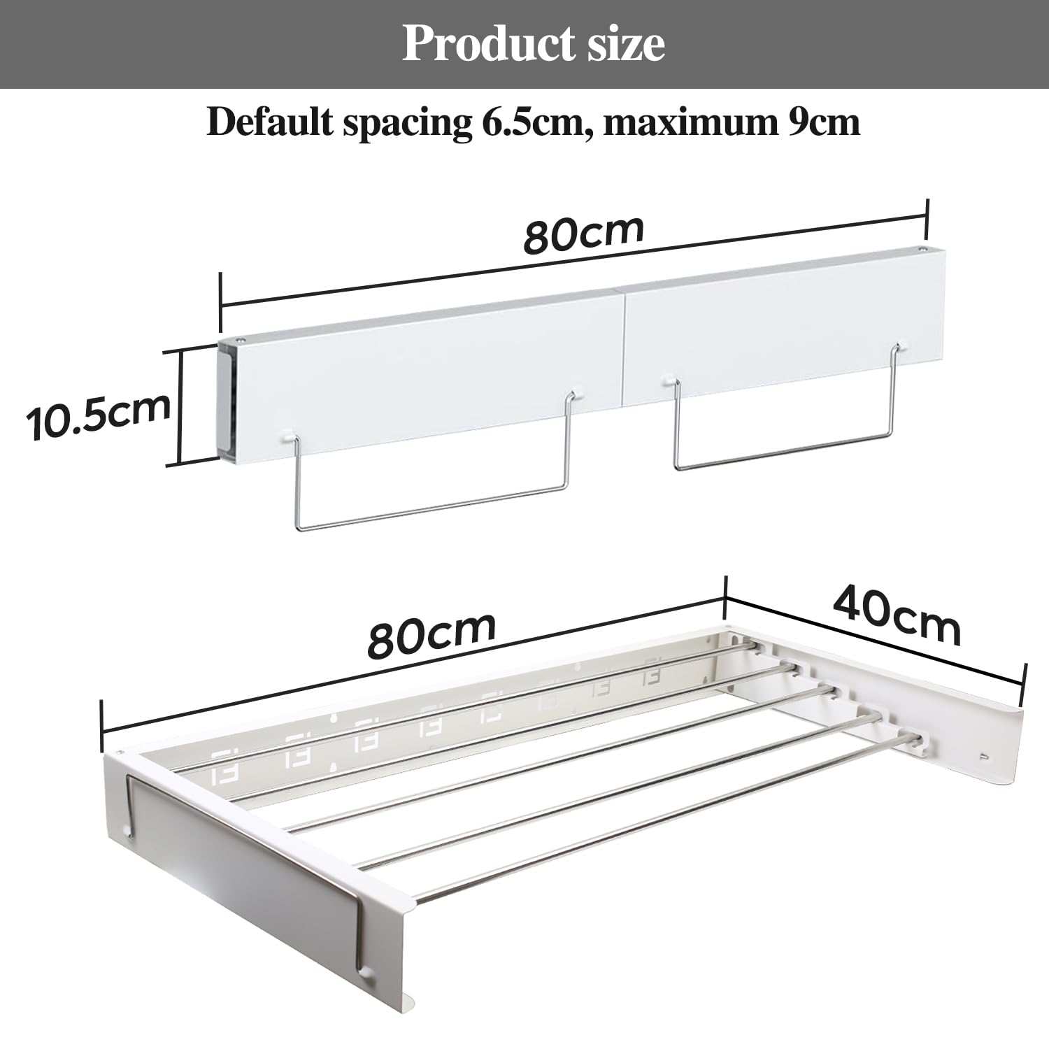 Wäscheständer Wandmontage, 80cm Ausziebar Wandtrockner mit Zwei Zuglaschen, Edelstahl Wand Klappbar Wäschetrockner, Platzsparender Wandmontiert Wäscheleine für Indoor & Outdoor Balkon, Weiß