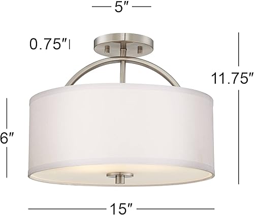 Miniatura 4 de Possini Euro Design Halsted - Moderna lámpara de techo semiempotrada de 15 pulgadas de ancho, níquel cepillado plateado y blanco, pantalla de tambor