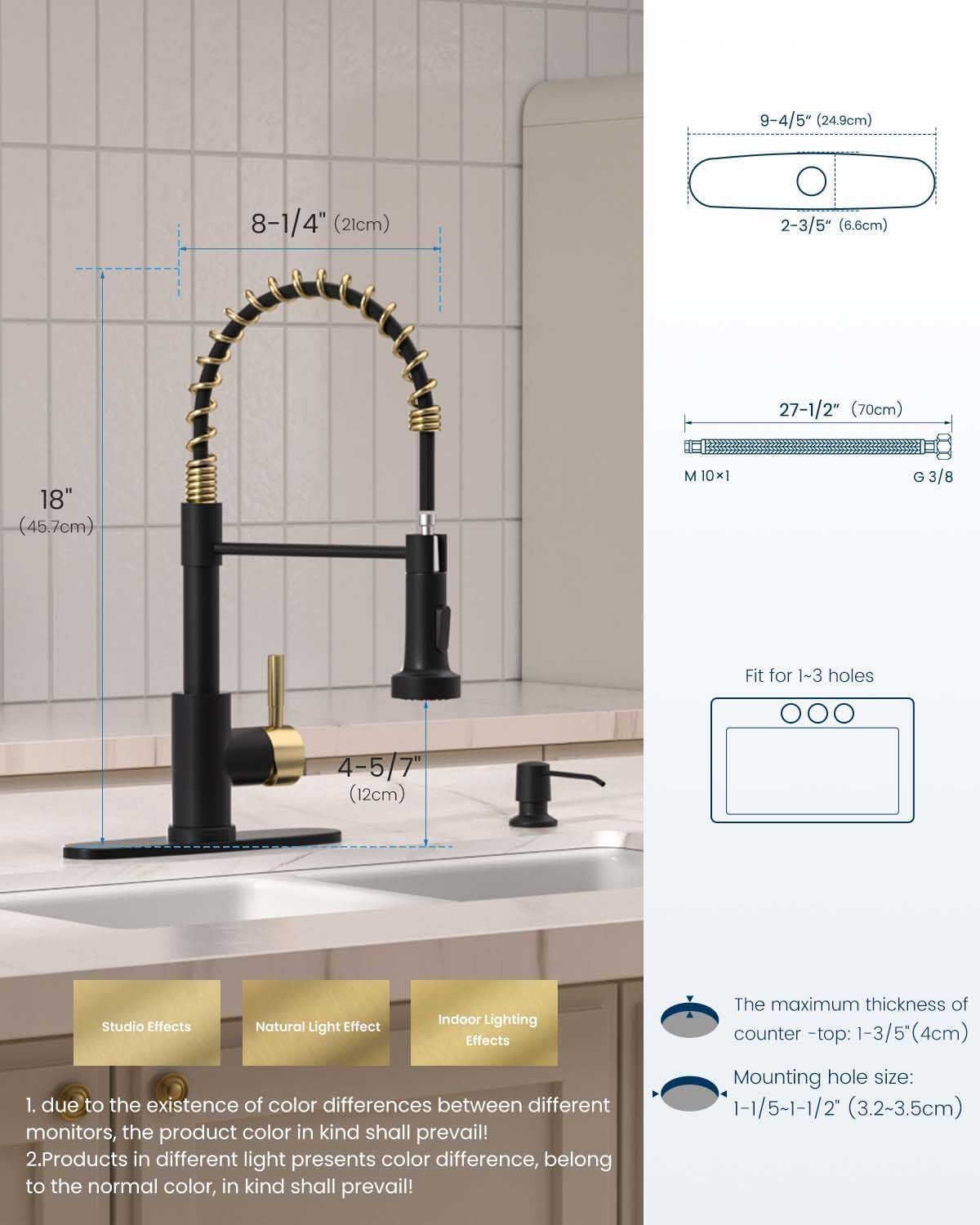 APPASO Grifo de cocina negro y dorado con dispensador de jabón, níquel cepillado, grifo de cocina extraíble, grifo comercial de arco alto de una sola manija para fregadero
