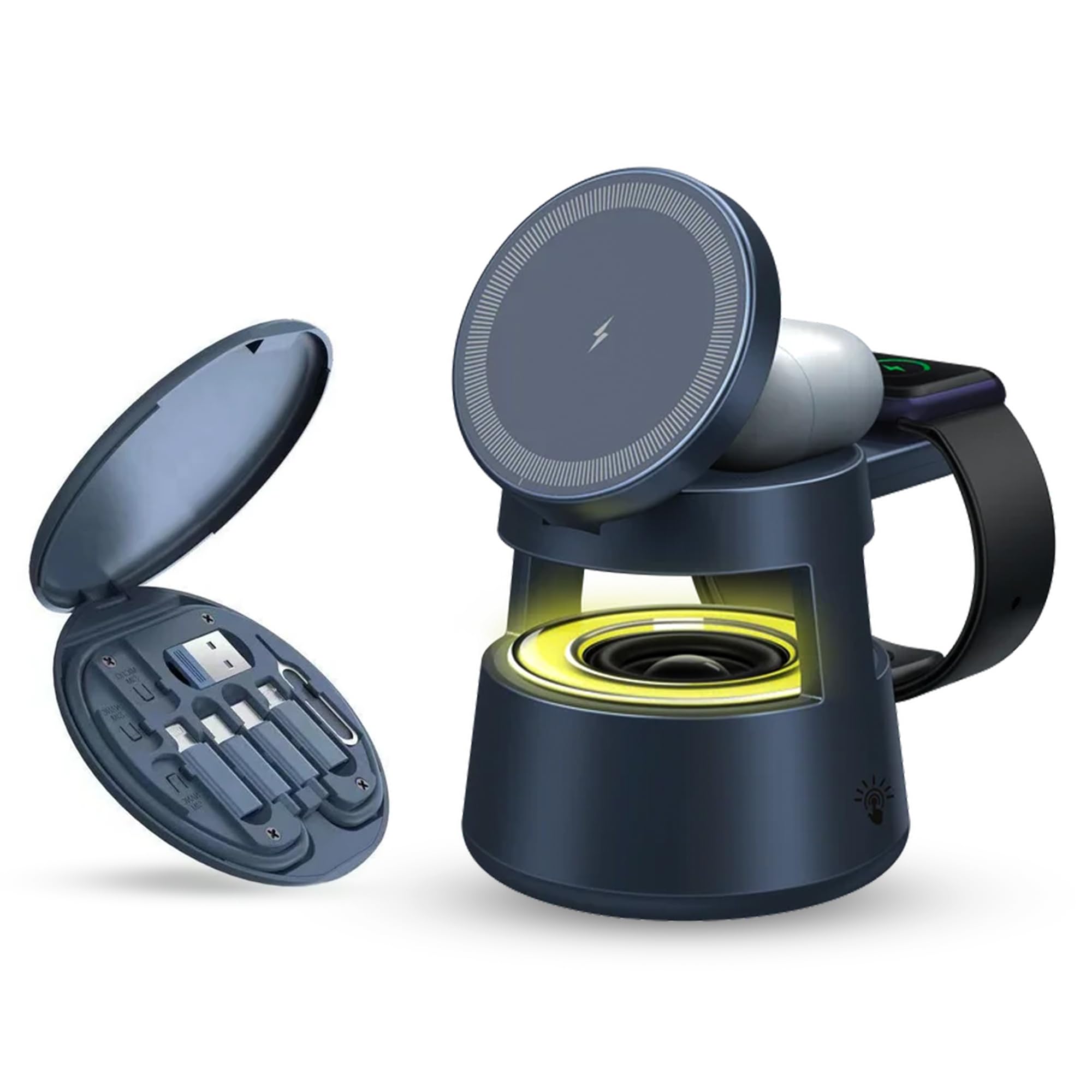 JBM MART 4 in 1 Wireless Charging Station Cube with Night-Lamp for iPhone 16 Pro Max, Iphone Magnetic Charger, 15W Travel Stand, 3 in 1 wireless charging station for Apple iWatch Ultra,Airpods (JBM-1)