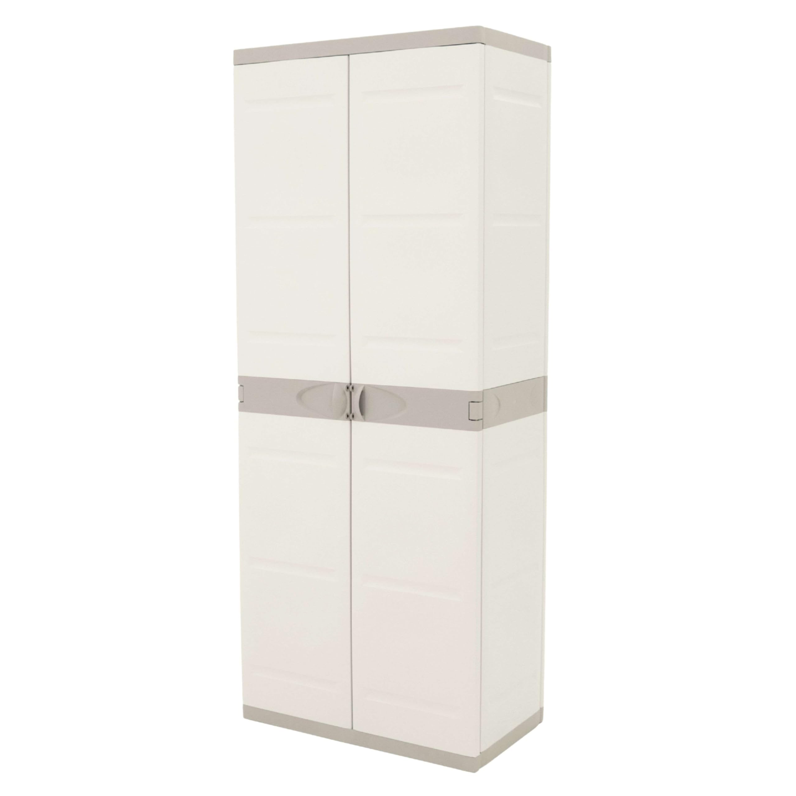 Miroytengo Armario Escobero de Jardín Titanium, Armario Resina 2 Puertas 4 Estantes Regulables Beige 70x176x41 cm