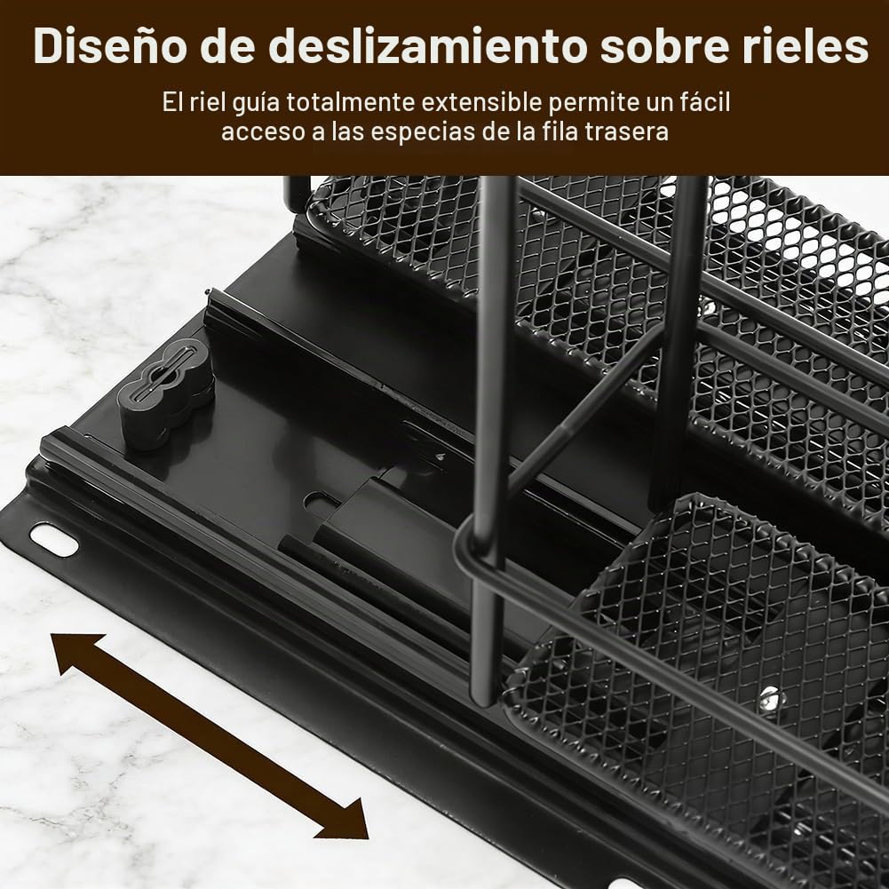 Estantería de dos pisos para especias, extensible, cajón para especias, no requiere montaje ni perforación, construcción de madera natural, diseño de cajones de varios niveles para uno (acero