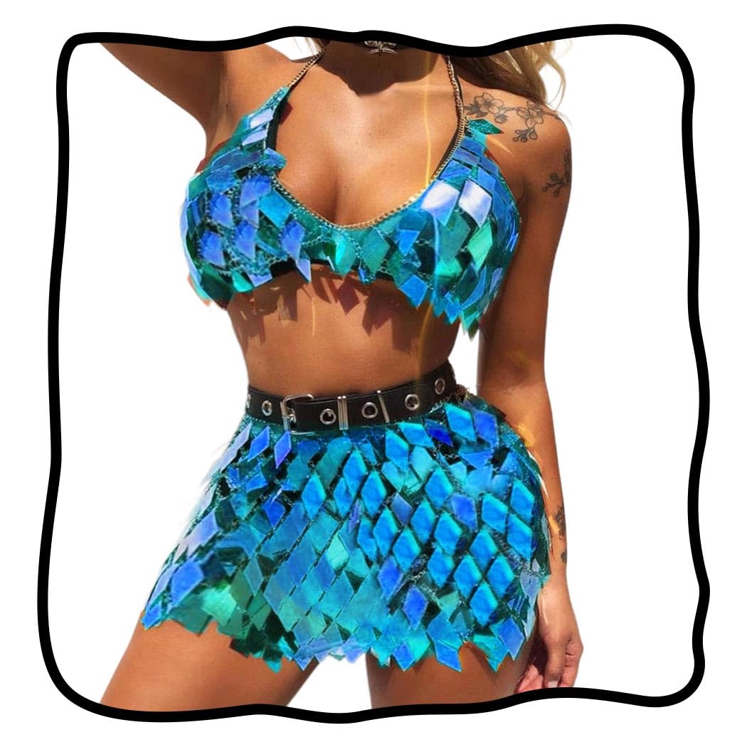 NicuteSequin Set Women 2 Piece Outfit Body Chain Skirt with Top Rave Outfits for Wome