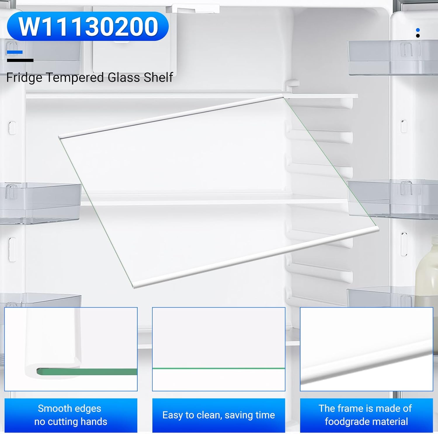 W11130200 Fridge Tempered Glass Shelf Compatible with Whirlpool WRS571CIDM00, WRS571CIHZ00, WRS571CIHW04, Refrigerator Glass Freezer Shelves Replacement W10561292 W10773885, dimensions 17.5" x 13"