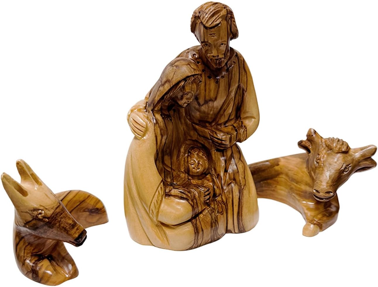 Olive Wood Holy Family Nativity Scene Set in Natural Bark Grotto – Hand-Carved Mary, Joseph & Baby Jesus – Authentic Christmas Display from Bethlehem