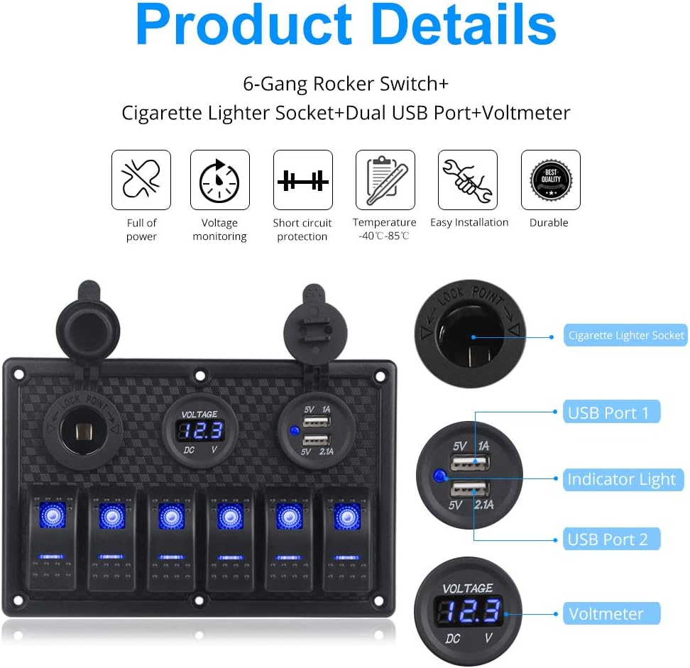 WATERWICH Marine Boat Car 6 Gang ON-Off Ignition Toggle Rocker Switch Panel with Fuse Box 12V-24V LED Digital Voltmeter 3.1A Dual USB Charger Cigarette Lighter For RV Vehicle Truck Yacht (6 Gang Blue) : Sports & Outdoors