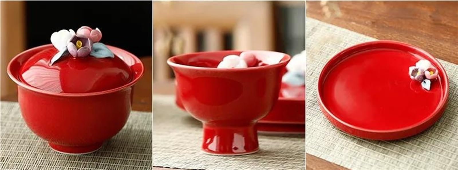 Teeservice, handgeknetete Blumen-Teetasse, Kung-Fu-Teeservice, Keramik-Teetassen-Set, Teegeschirr, Teeschale, rot, chinesisches Hochzeits-Teeservice, Reise-Teeservice, Teekann(720ml White)