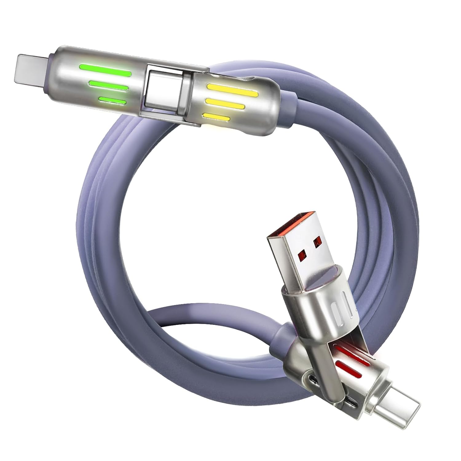 USB C Cable, 240W 4 in 1 Multi Charging Cable USB Charger Cable with Breathing Light, Combo L Port/Type C/USB A Fast Charging Cord for iPhone ipad Laptop Samsung Device Charging, 5FT-Grey