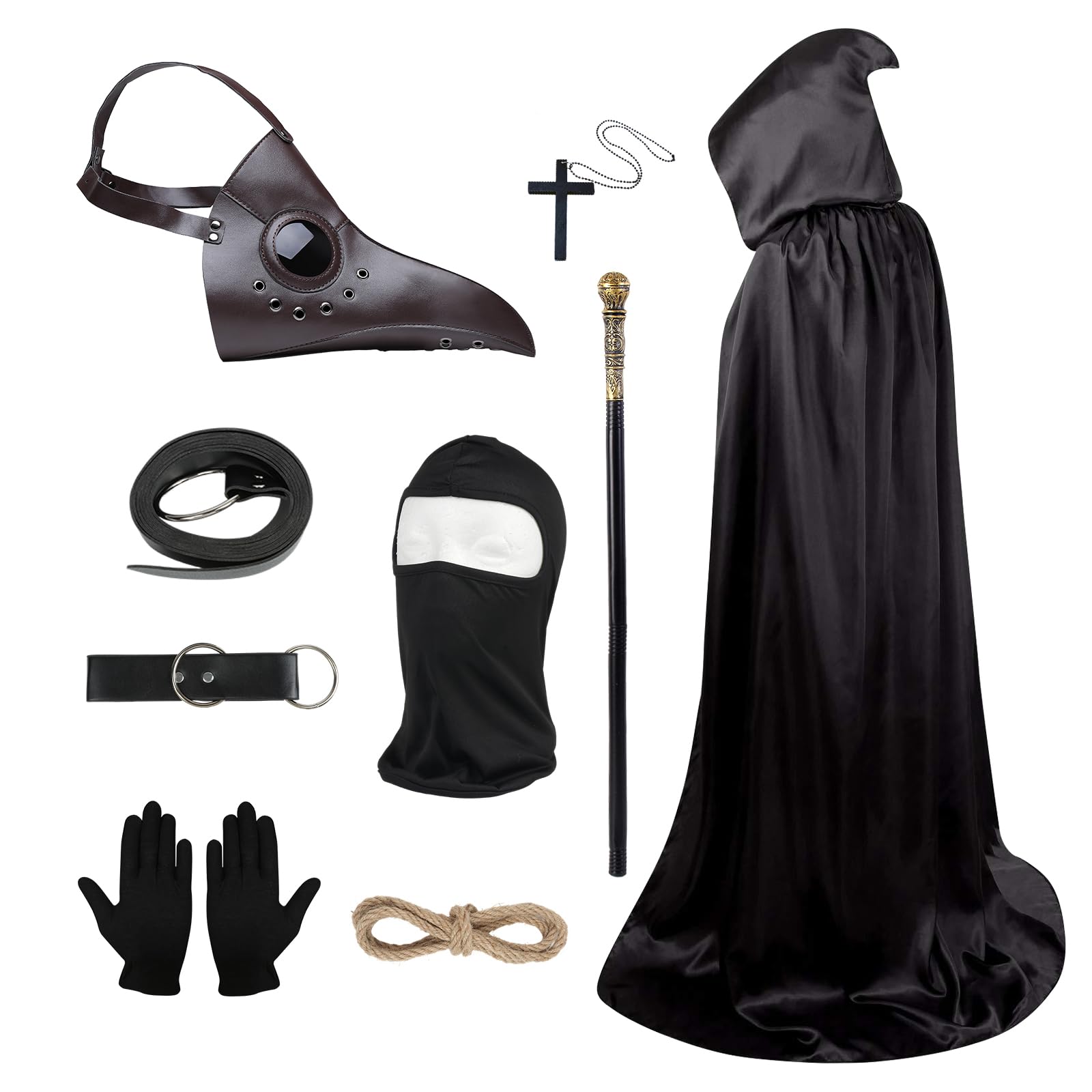 Plague Doctor Mask Plague Doctor Costume, Adult Halloween Costume, Gothic Leather Bird Mask, Halloween Props with Full Face Masks Cloak Cane Gloves Belt Rope Cross Necklace for Cosplay (Coffee) — image 1