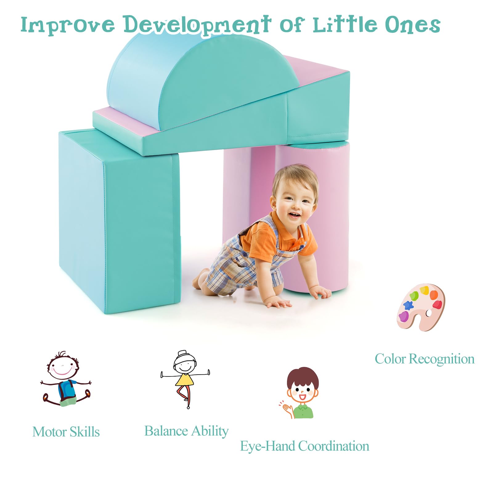 LIFEZEAL Set di 5 Blocchi Morbidi in Schiuma per Bambini 9-36 Mesi, Costruzioni, Libera Combinazione, Mattoni Cubi Componibile, Giocattolo Attività, con Scivolo, Arrampicata (verde+rosa)
