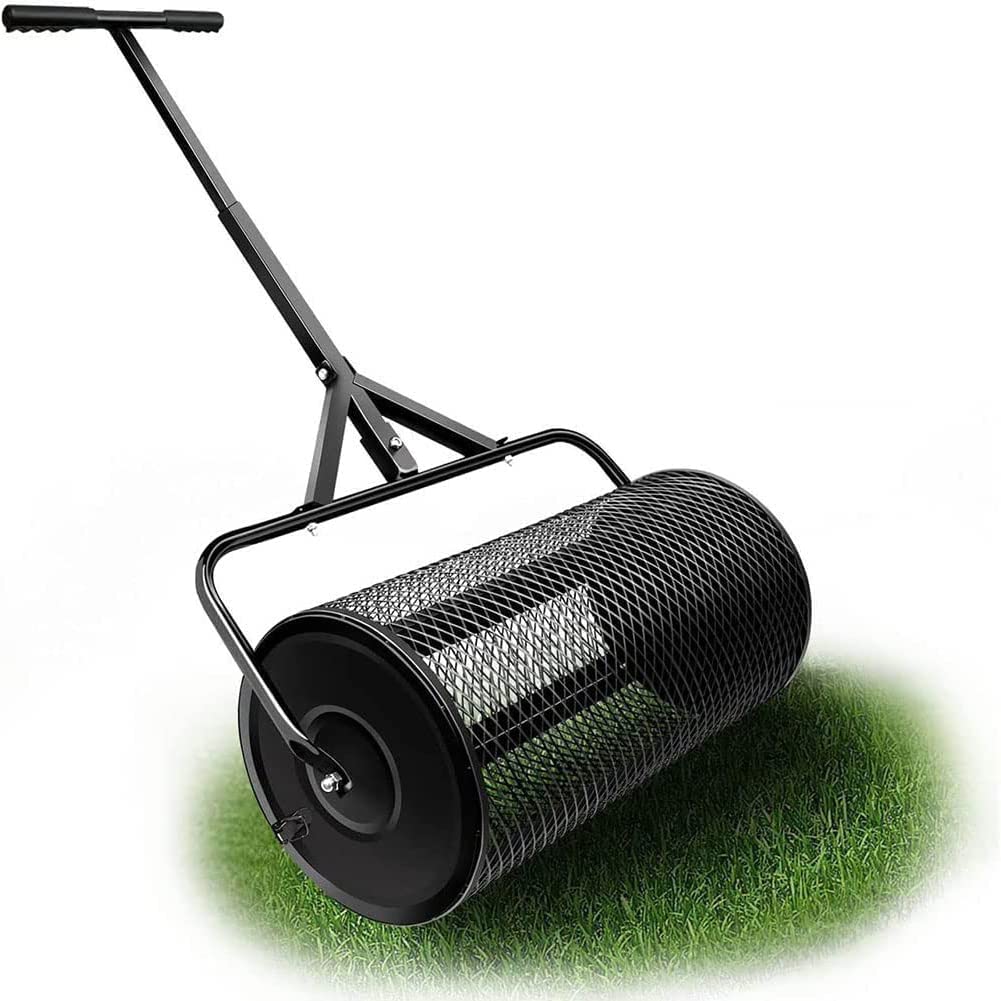 Esparcidor de abono para césped y jardín, Rodillo para césped, Esparcidor de malla de metal ligero y duradero, Abono, musgo de turba, Esparcidor de estiércol multiuso duradero y ligero(42*42*68cm)