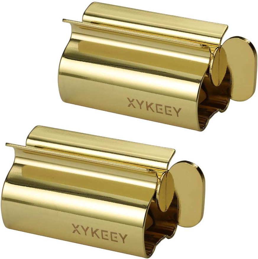 Toothpaste Tube Squeezer - Set of 2 Toothpaste Squeezer Rollers, Metal Toothpaste Tube Wringer Seat Holder Stand XYKEEY (Gold)
