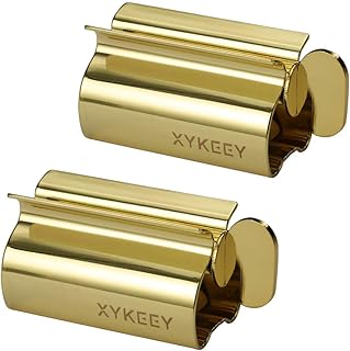 Toothpaste Tube Squeezer - Set of 2 Toothpaste Squeezer Rollers, Metal Toothpaste Tube Wringer Seat Holder Stand XYKEEY (Gold)