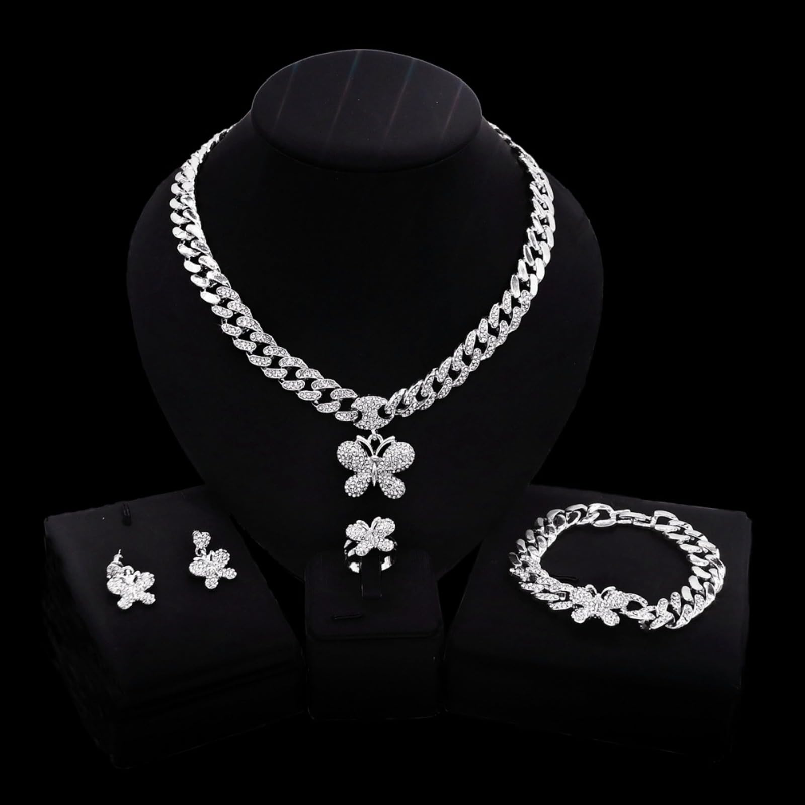 4 pcs Sparkling Crystal Bridesmaid Brides Bijoux Bijoux pour Femmes Collier Boucles d'oreilles Ring Adjustable Women's Wedding Part