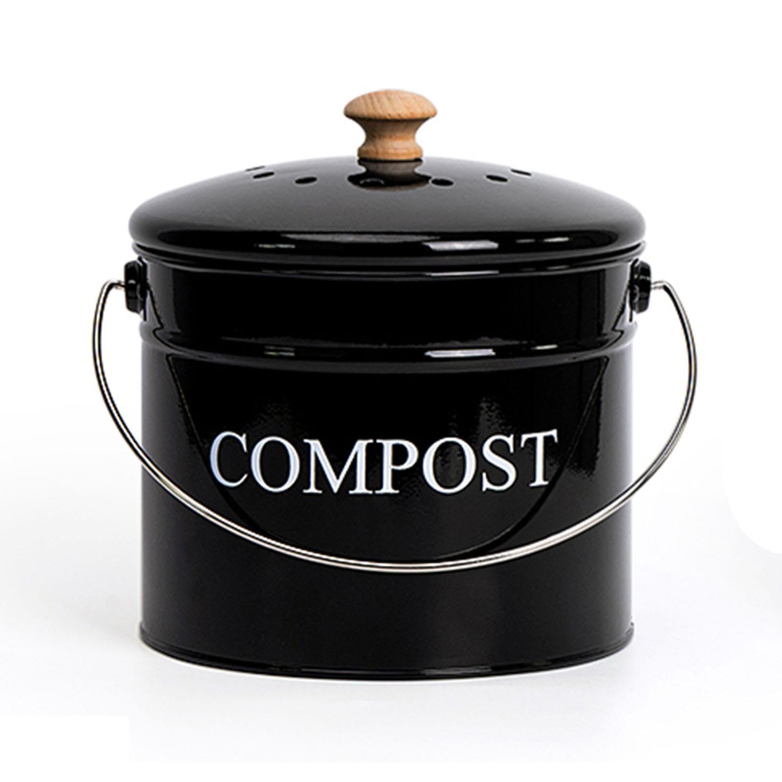 Composteur En Métal pour Cuisine, Poubelle écologique avec Poignée de Transport, Sans Odeur, Idéal pour La Maison, Noir
