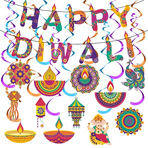 Tourbillons Diwali et bannière Happy Diwali : pack de 38 suspensions festives réutilisables