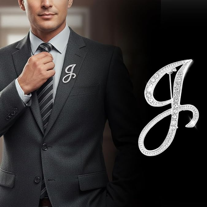 26 Letter Brooch Initial Rhinestone Brooch Silver Metal Alphabet Brooches A-Z with Crystal Lapel Pins for Women Men