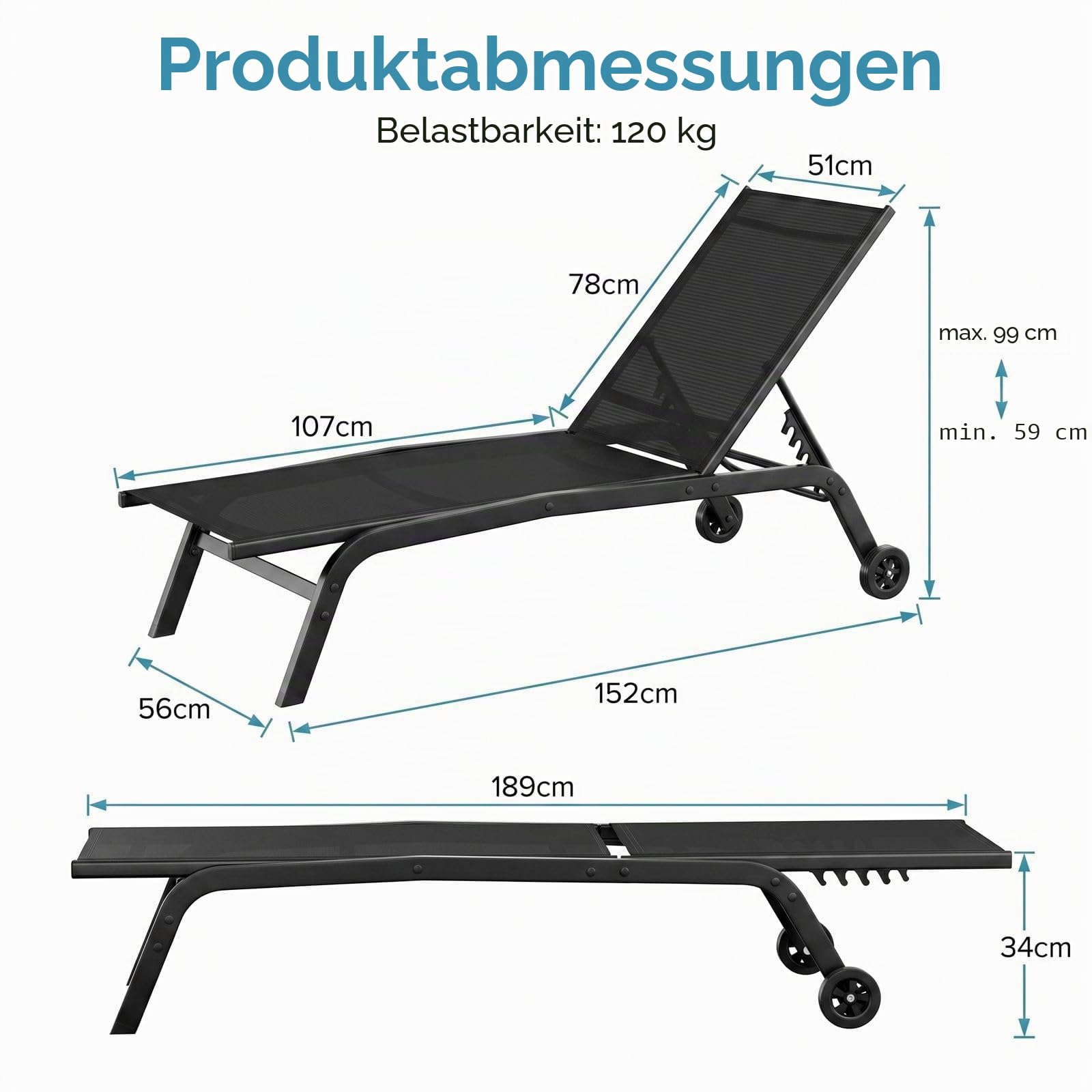 LIFERUN Sonnenliege mit Rollen, Gartenliege 2er Set, wetterfeste, 5-Fach Verstellbarer Rückenlehne, Outdoor Liegestuhl, Relaxliege bis 120kg belastbar, für Garten, Poolbereich, Balkon, Schwarz
