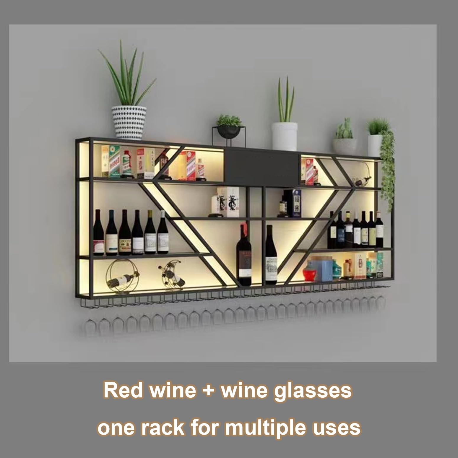 Nowoczesny ścienny metalowy stojak na wino ze światłem LED, stylowe półki do przechowywania czarnego wina do kuchni, kawiarni, domowego baru - 180 cm x 20 cm x 100 cm