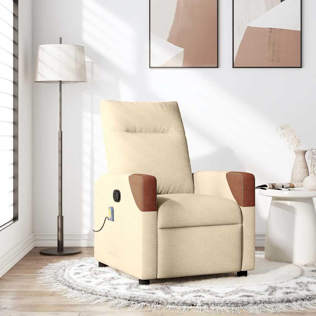 Massagesessel Creme Stoff mit 6-Punkt-Vibrationsmassage, verstellbare Rückenlehne bis 135 Grad, Metall und Holzgestell, Komfortabler Lounge Sessel für Wohnzimmer, Büro und Ruhezone