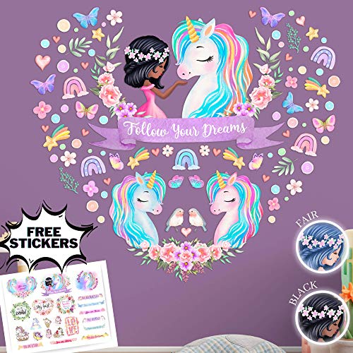 4 Sheet Large Unicorn Wall Decals For Girls Bedroom Unicorn Wall Decor Unicorn Wall Stickers Birthday Gifts Unicorn Bedroom Decor For Girls Rainbow Wall Decal Black Girls Kids Nursery Room Decor #TOP9