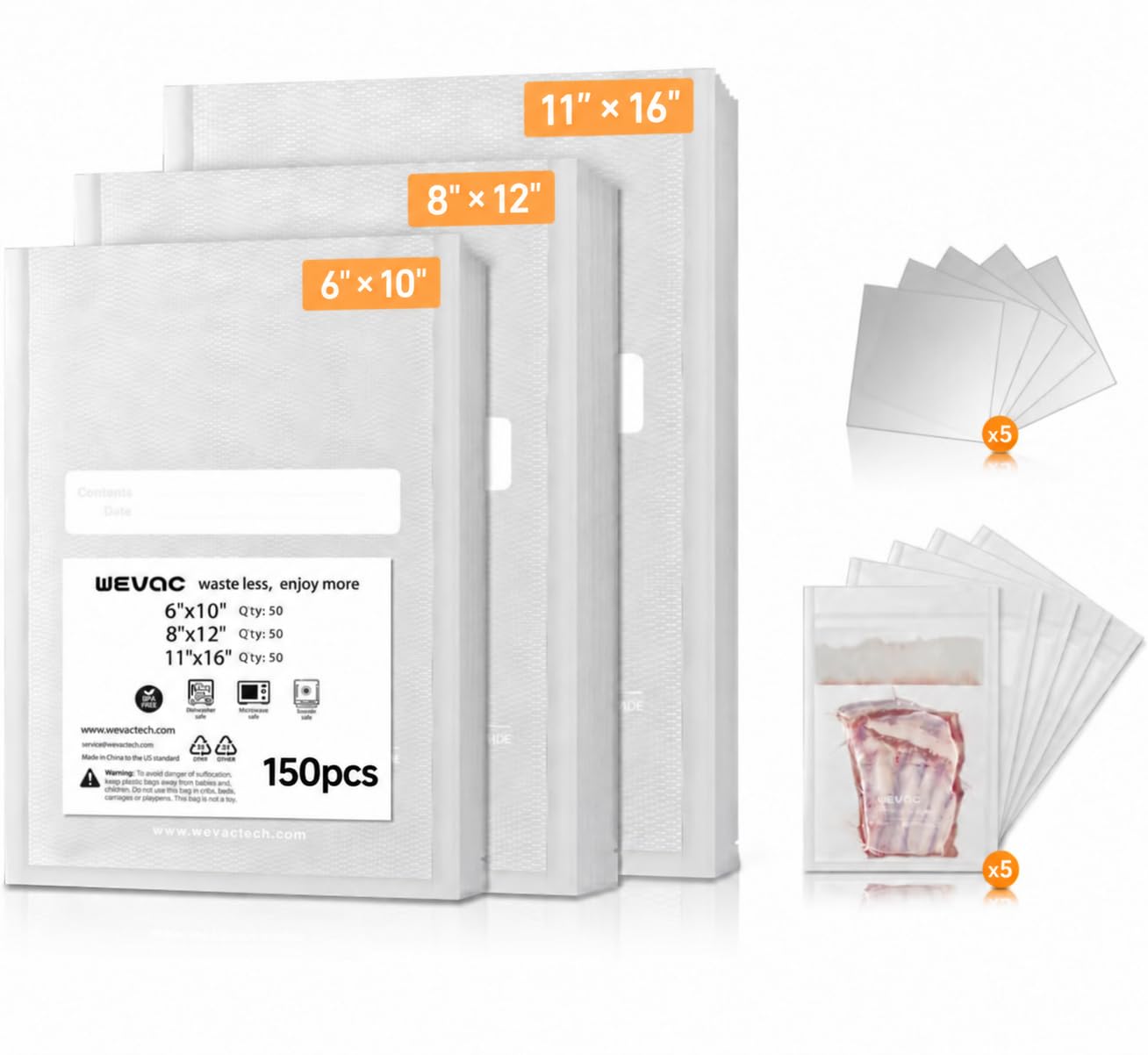Wevac Vacuum Sealer Bags 150 Gallon 11x16", Quart 8x12", 6x10" for Food