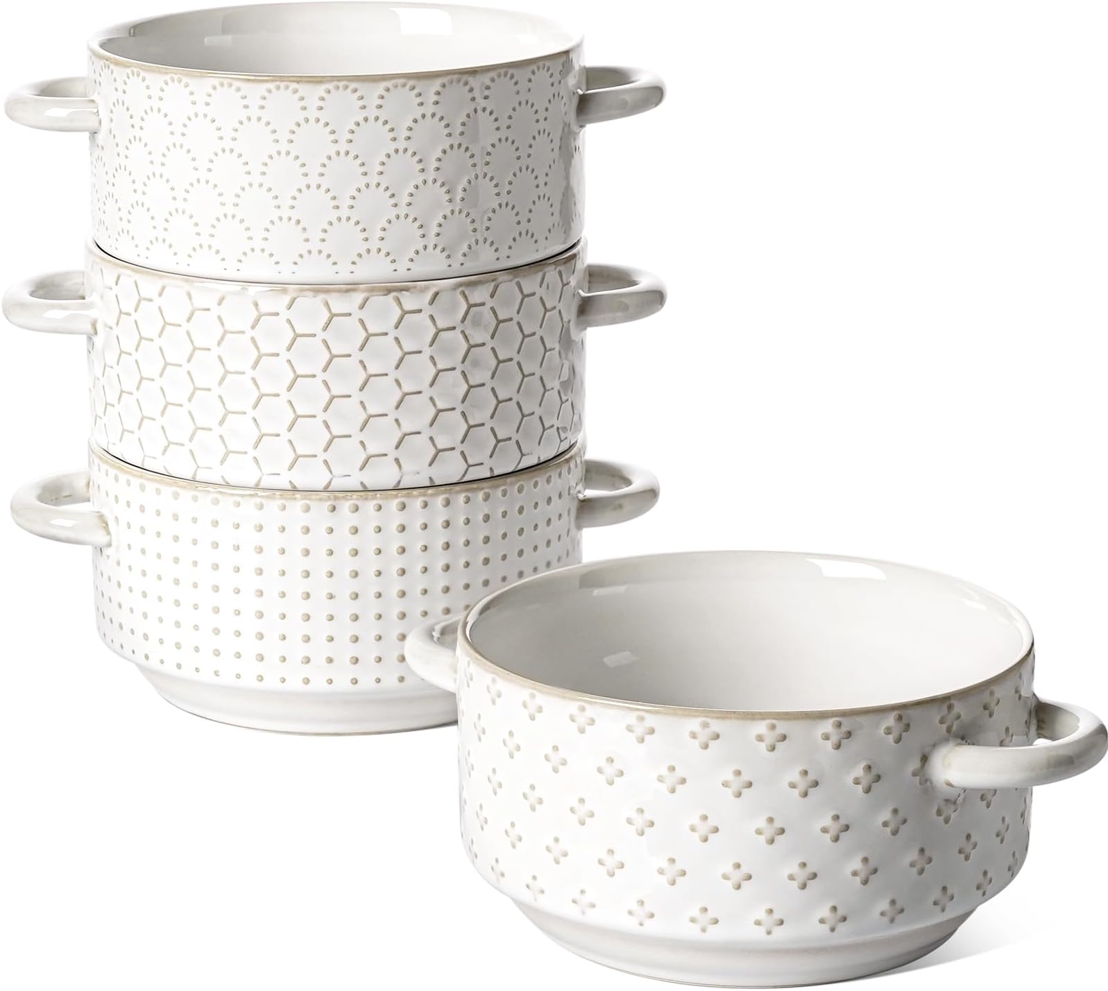 Soup Bowls with Handles, 20 oz French Onion Soup Crocks, Stackable Soup Bowl Oven Safe for Chili, Beef Stew, Embossment Ceramic Bowl Set - 5.4 Inch, Set of 4, Arctic White