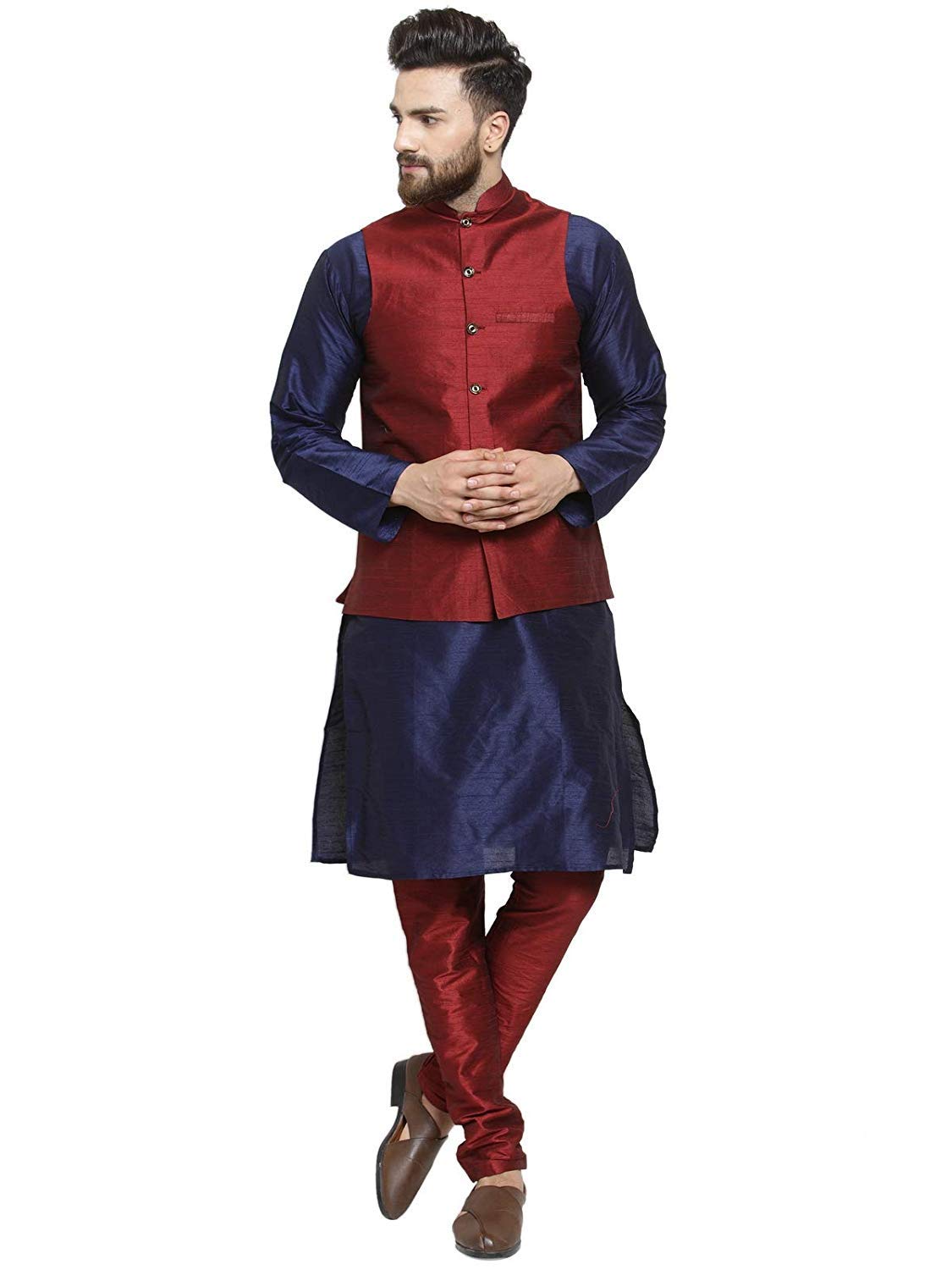 Men's Silk Blend Kurta Pyjama & Nehru Jacket Set-image-24
