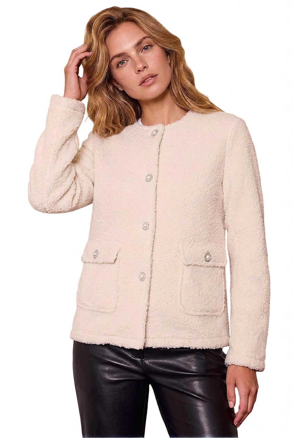 Roman Originals Cosy Boucle Fleece Jacket for Women UK - Ladies Everyday Autumn Winter Round Neckline Comfy Soft Evening Vacation Work Party Night Out