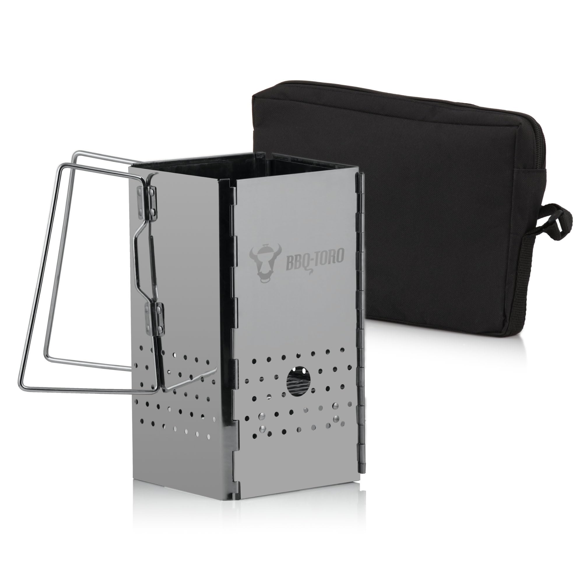 BBQ-Toro Cheminée d'allumage pliable en acier inoxydable avec poignées | 16 x 16 x 29 cm | Cheminée de barbecue pliable avec sac de transport pour barbecue, camping, extérieur, jardin, terrasse