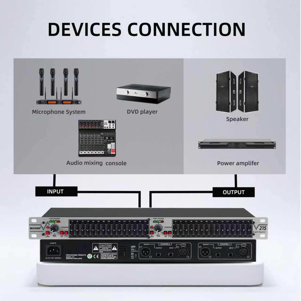 Ecualizador gráfico estéreo de 15 Bandas para Audio doméstico, Ecualizador Profesional de DJ Plateado de Doble Canal, reducción de Ruido de Montaje en Rack de 1U (EQ-215S)