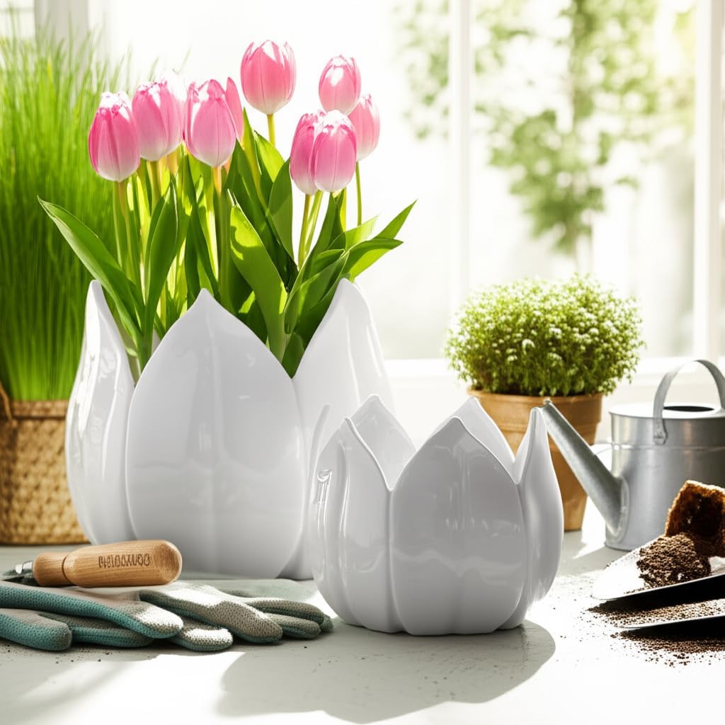 Flower Pots for Home Decor – Ceramic Petal Shaped Planters for Indoor and Outdoor Plants – Decorative Plant Pots That Work with Any Plant Perfect for Garden or Patio Decor; Set of 2 – 10", 8" White