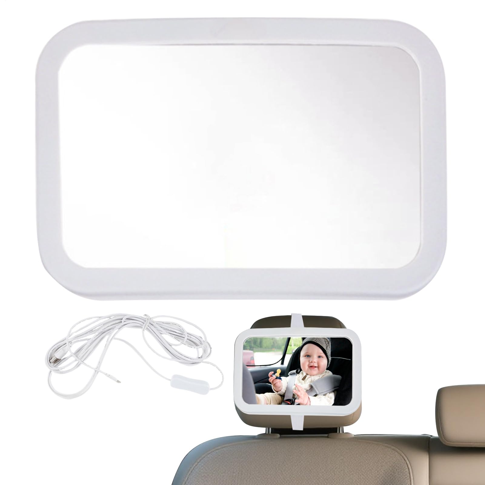 Rétroviseur grand angle bébé siège arrière avec éclairage LED USB - 8