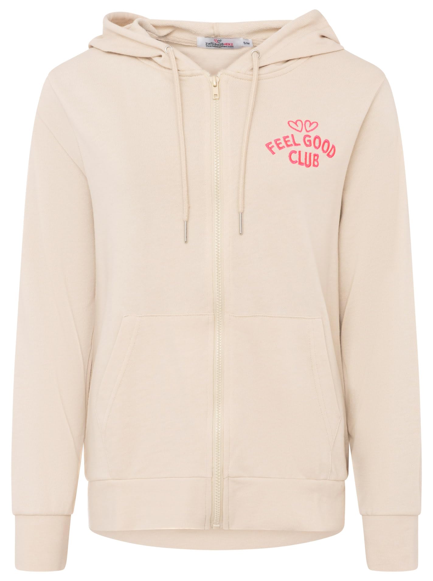 Zwillingsherz Feel Good Club Damen Sweatjacke mit Stickerei – Bequeme Baumwolljacke für Frauen – Lässige Zip Jacke für Freizeit Alltag Loungewear – Moderne Damen Sweatjacke Frühling Herbst Winter