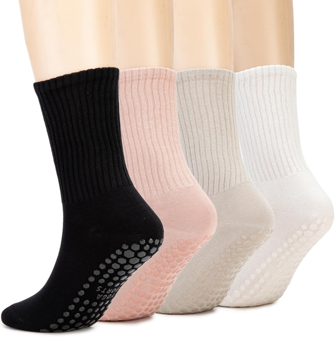 Non-Slip Pilates Yoga Socks with Grips for Womens -Ballet Barre Workout Anti Skid Athletic Crew Sock 4 Pack