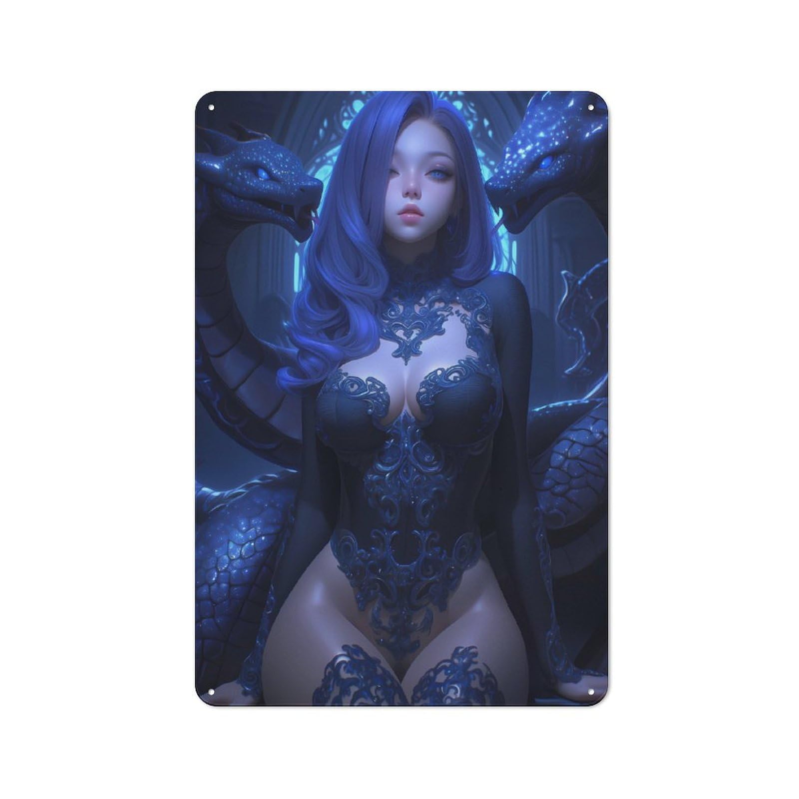 Junmoney Style-10 Modern Vintage Blue-Haired Woman With Dragons Office Metal Sign 30X20cm, Creative Space Decor For Home Office, Reading Corner Or Bedroom
