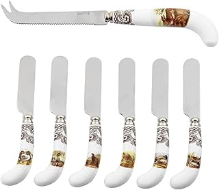 Spode Woodland Rabbit Cheese Knife and Spreader Set with Assorted Motifs | Decorative Cheese Knife and Set of 6 Spreaders | Stainless Steel Cheese Spreaders with Porcelain Handles