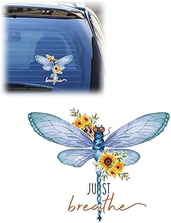Just Breathe Dragonfly Car Sticker Decal, Vinyl Waterproof Automotive Window Sticker, Vintage Sun Flower