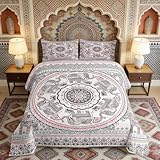 Manfei Bohemian Comforter Set Queen Size Boho Elephant Print Bedding Set 3pcs for Kids Boys Girls Room Decor, Chic Floral Mandala Quilt Set Exotic Flower Animal Print Duvet Set with 2 Pillowcases