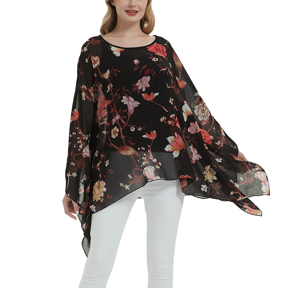CuteSwan Blusa tipo túnica de gasa Lagenlook con manga de murciélago, informal, holgada, para mujer, Negro con flores rosas., talla de un talla grande