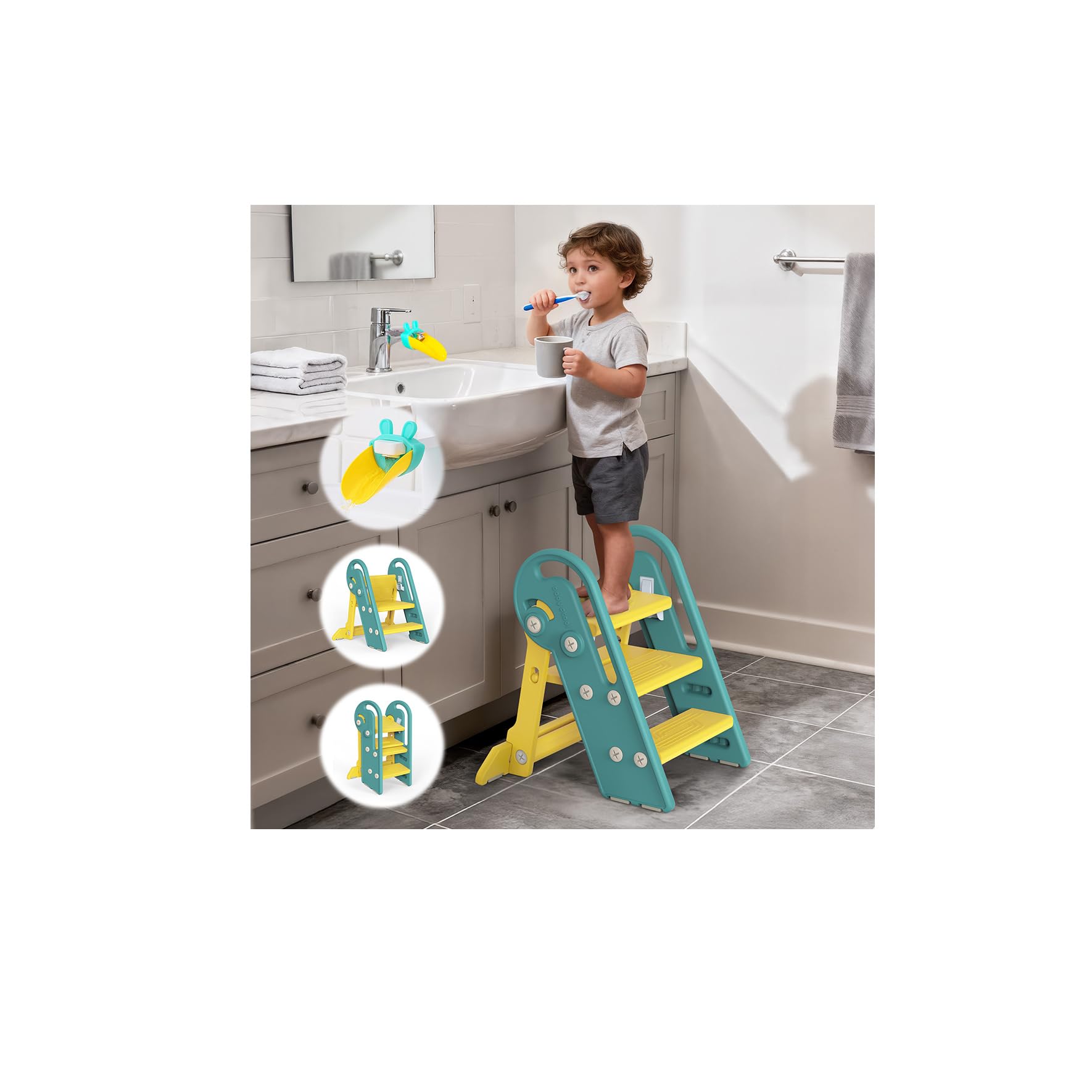 Onasti Tritthocker Kinder, Höhenverstellbar 3 Stufen Hocker Kinder, Trittschemel für Baby mit Handhaben, Klappbar, Anti-Kipp und Anti-Rutsch, für Küche, Badezimmer, Waschbecken und Toilette (Grün)